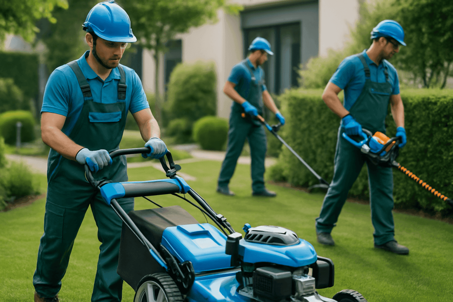 Professional landscaping crew wearing safety gear working on a clean residential or commercial property